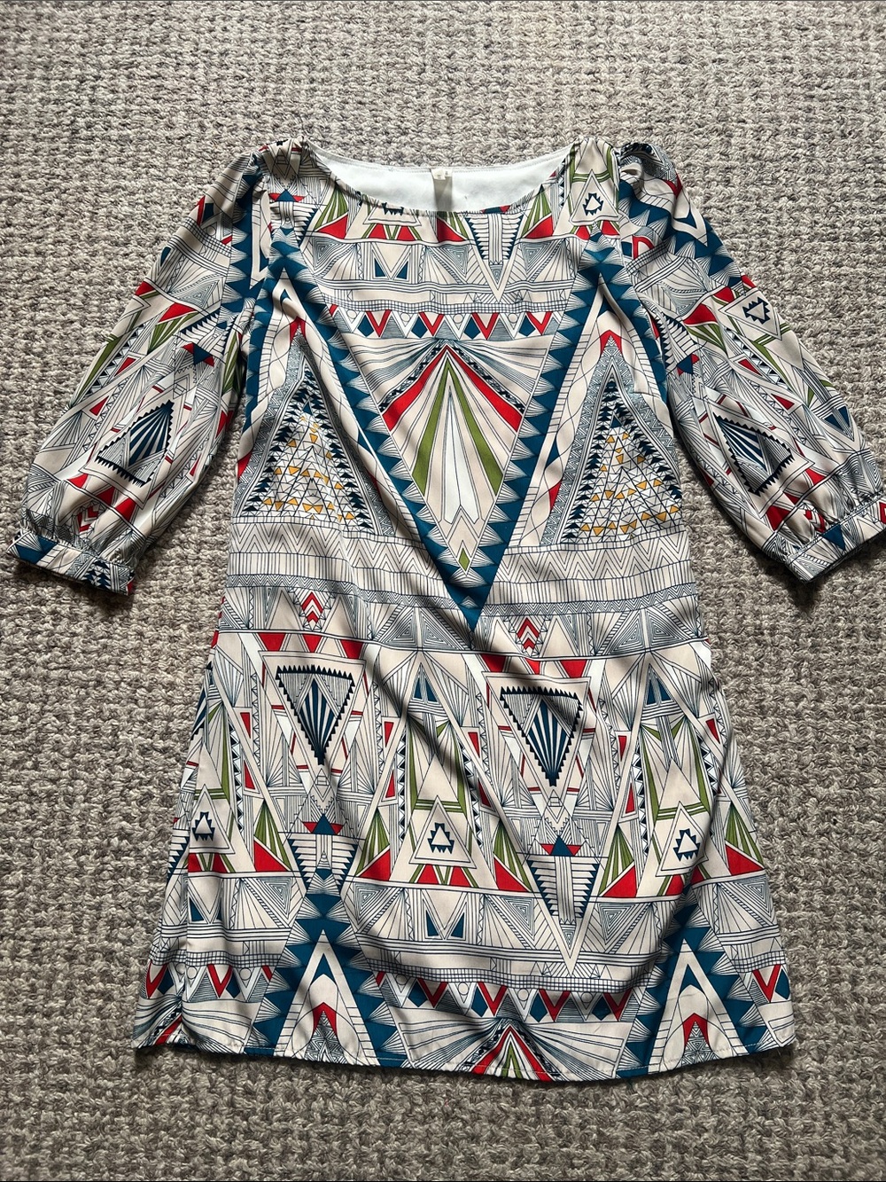 Hello Miss Art Deco Mini Dress S Cream Green Blue Print EUC